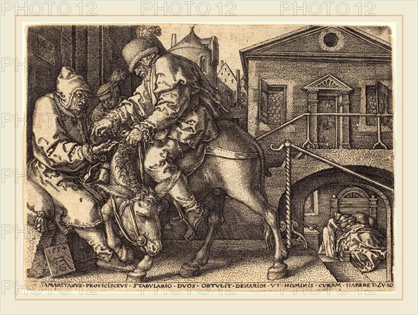 Heinrich Aldegrever (German, 1502-1555-1561), The Good Samaritan Paying for the Lodgings  of the Traveler, 1554, etching