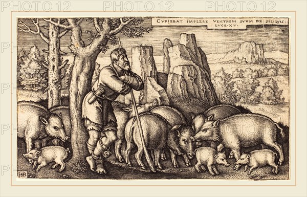 Sebald Beham (German, 1500-1550), The Prodigal Son with the Swine, engraving