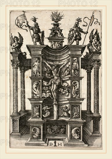Daniel Hopfer I (German, c. 1470-1536), The Crucified Christ in a Decorated Niche, etching on laid paper