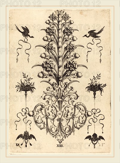 Daniel Mignot (German, active 1593-1596), Hyacinth-Shaped Brooch with Birds at Top and Devil's- and Angel's-Head at Bottom, 1596, engraving
