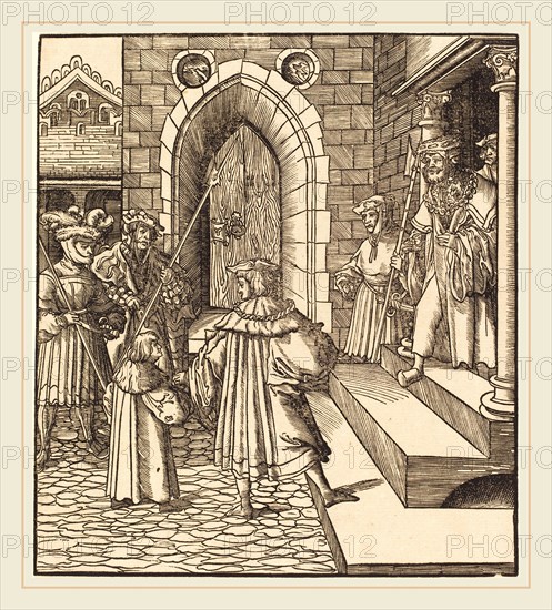 Leonhard Beck (German, c. 1480-1542), Three Men and a Boy in the Court of a Castle, to the Right Three Men on a Staircase, 1514-1516, woodcut
