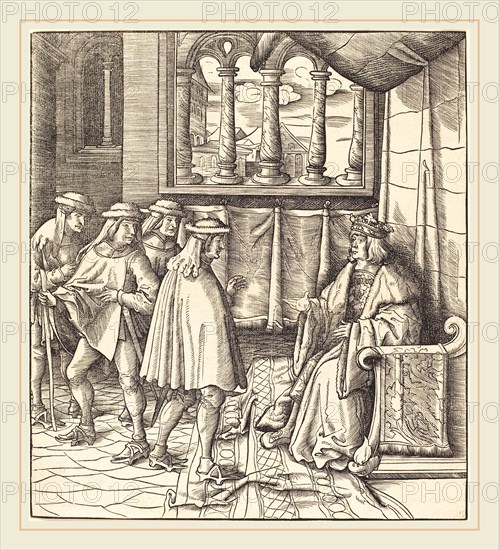 Leonhard Beck (German, c. 1480-1542), A King on a Throne, before him Four Men, 1514-1516, woodcut