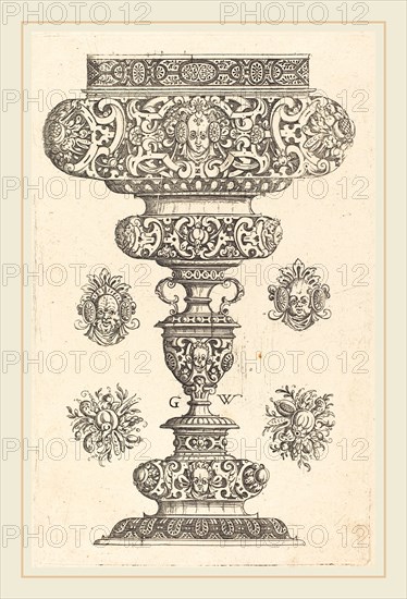 Georg Wechter I (German, c. 1526-1586), Goblet, rim decorated with masque and bouquet of fruit, published 1579, engraving