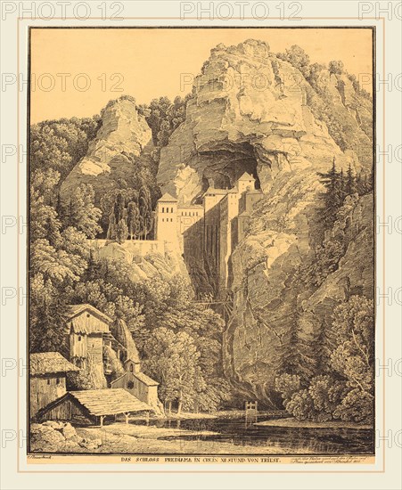 Karl Friedrich Schinkel (German, 1781-1841), Das Schloss Prediama in Crein XII Stund: von Triest (Predjama Castle in Carniola, Twelve Hours from Trieste), 1816, lithograph on golden paper