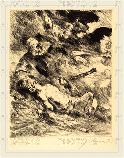 Lovis Corinth after Rembrandt van Rijn, The Sacrifice of Isaac (Die Opferung Isaacs), German, 1858-1925, 1920, drypoint in black on thin laid paper