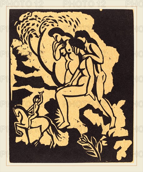 August Macke, Begrüssung (Greeting), German, 1887-1914, woodcut in black on tan paper