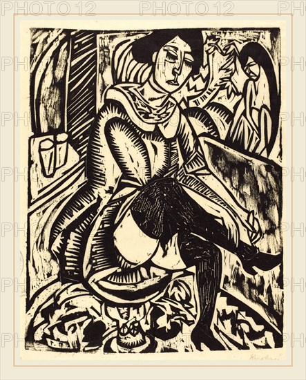 Ernst Ludwig Kirchner, Woman Tying Her Shoe (Frau, Schuh Zuknopfend), German, 1880-1938, 1912, woodcut