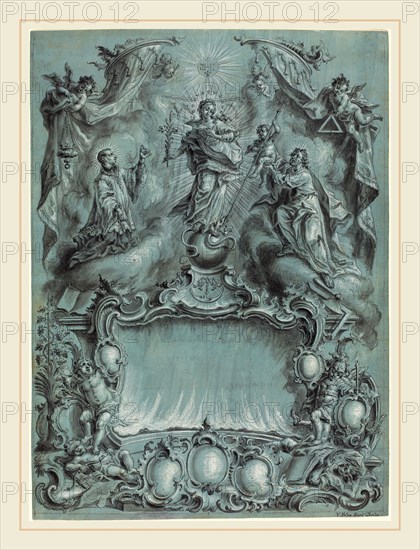 Vitus Felix Rigl (German, c. 1717-1779), An Elaborate Rococo Setting with the Virgin and Child and Saints Defeating Evil, Heresy, and Profane Love, 1760s, pen and black ink with wash and white heightening on blue prepared laid paper, incised for transfer