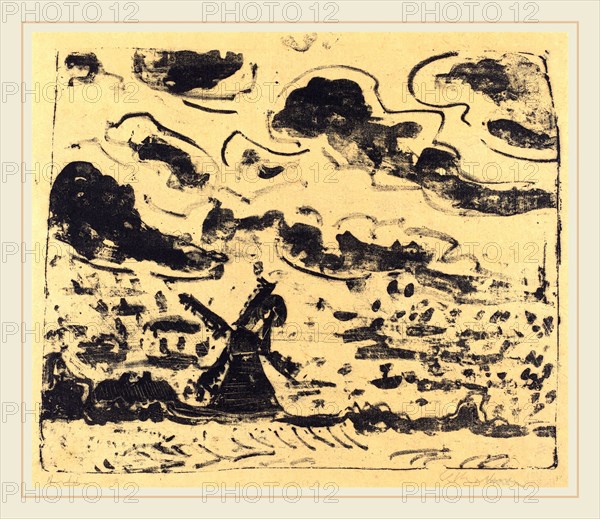 Ernst Ludwig Kirchner, Windmill near Burg on Fehmarn (WindmÃ¼hle bei Burg auf Fehmarn), German, 1880-1938, 1908, lithograph in black on thin japan paper