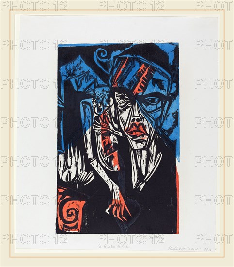 Ernst Ludwig Kirchner, Qualen der Liebe, German, 1880-1938, 1915, color woodcut from two blocks on wove paper