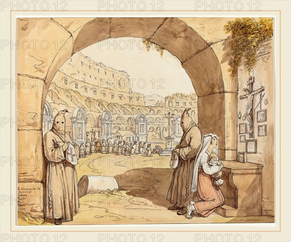 Bartolomeo Pinelli (Italian, 1781-1835), La Compagnia dei sacconi al Colosseo (Penitents Praying at Altars in the Colosseum), 1829, watercolor over black chalk and graphite on wove paper