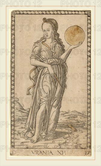 Master of the E-Series Tarocchi (Italian, active c. 1465), Urania, c. 1465, engraving with gilding