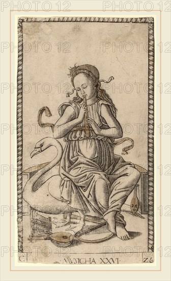 Master of the E-Series Tarocchi (Italian, active c. 1465), Musicha (Music), c. 1465, engraving with gilding