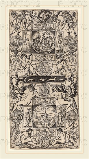 Nicoletto da Modena (Italian, active 1500-1512), Ornament Panel with Orpheus and the Judgment of Paris, c. 1507, engraving