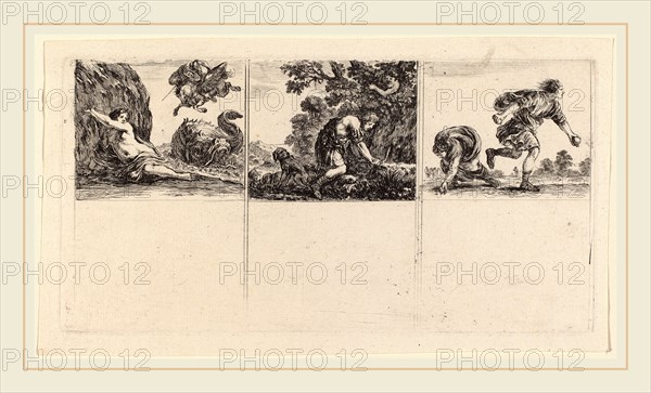 Stefano Della Bella (Italian, 1610-1664), Perseus and Andromeda; Cephalus and Procris; Hippomene and Atalantus, 1644, three etchings on one sheet