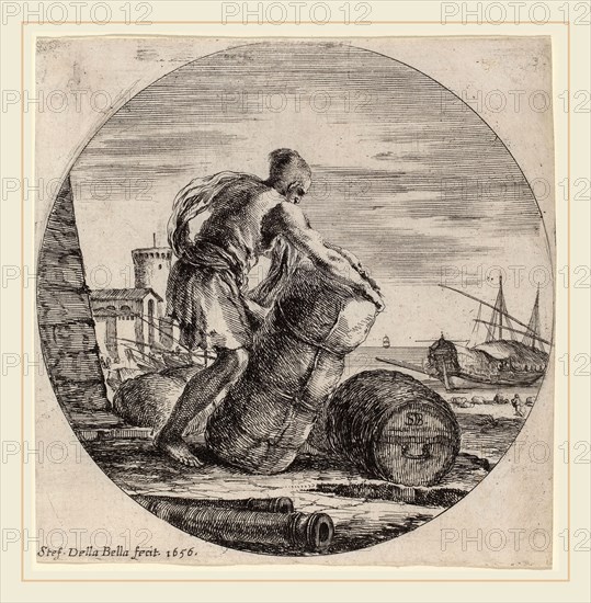 Stefano Della Bella (Italian, 1610-1664), Galley Slave Hauling a Ship's Cargo, 1656, etching on laid paper