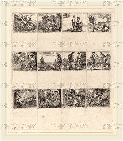 Stefano Della Bella (Italian, 1610-1664), Mythological Playing Cards, 1644, 12 etchings on one sheet