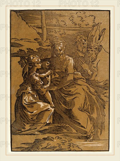 Antonio da Trento after Parmigianino (Italian, c. 1508-1550 or after), The Holy Family with Two Saints, chiaroscuro woodcut printed from two blocks: black line block and yellow-brown tone block
