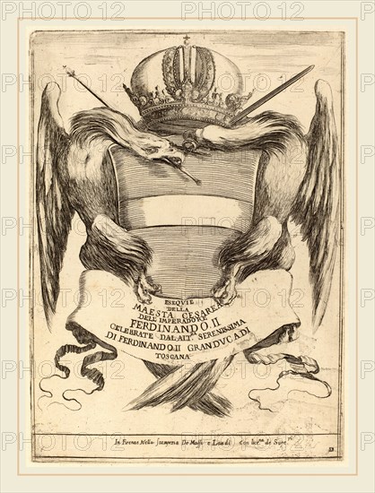 Stefano Della Bella (Italian, 1610-1664), Arms with a Dedication to Grand Duke Ferdinand II, etching on laid paper [restrike]