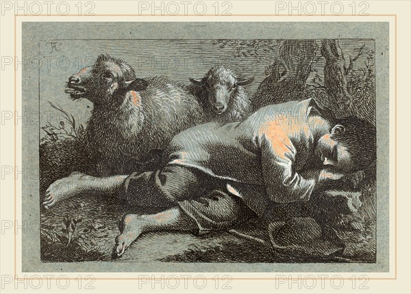 Francesco Londonio (Italian, 1723-1783), Peasant Boy Asleep near Two Sheep, 1758-1759, etching heightened with white on blue laid paper