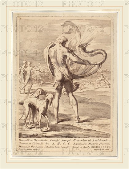 Giovanni Antonio Faldoni after Parmigianino (Italian, c. 1690-c. 1770), Nude Man Blowing a Conch, 1735, etching and engraving printed in sanguine on laid paper