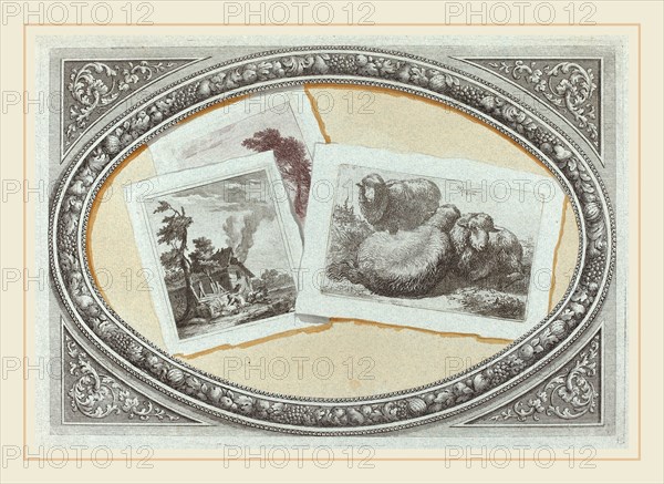 Milanese 18th century, and Francesco Londonio, Trompe l'Oeil: Landscapes and Sheep, Using Original Copperplates, c. 1790, etchings and color etching with touches of engraving printed in black and brown with ochre watercolor on blue laid paper