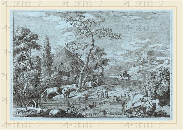 Marco Ricci (Italian, 1676-1729), Cattle and Figures at a Farmyard Stream, etching on blue laid paper