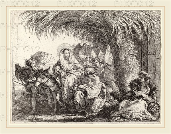 Giovanni Domenico Tiepolo (Italian, 1727-1804), Joseph Kneels with the Child before Mary on the Donkey, published 1753, etching