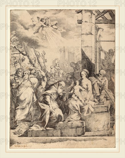 Giovanni David after Scarsellino (Italian, 1743-1790), The Adoration of the Magi, etching touched by the artist in red chalk, brown pen and ink, and graphite on laid paper [working proof]