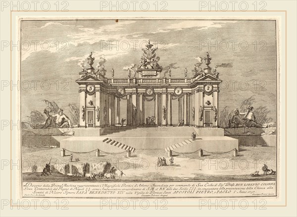 Giuseppe Pozzi after Giuseppe Palazzi (designer) and Paolo Posi (architect) (Italian, 1723-1765), The School of Athens Arcades, for the "Chinea" Festival, 1757, etching on laid paper