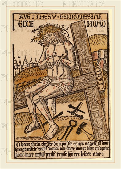 Netherlandish 15th Century, Christ as the Man of Sorrows, c. 1500, woodcut, hand-colored in yellow, ochre, brown and indian red