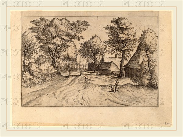 Johannes and Lucas van Doetechum after Master of the Small Landscapes (Dutch, died 1605), Village Road with Farm and Sheds, published 1559-1561, etching retouched with engraving