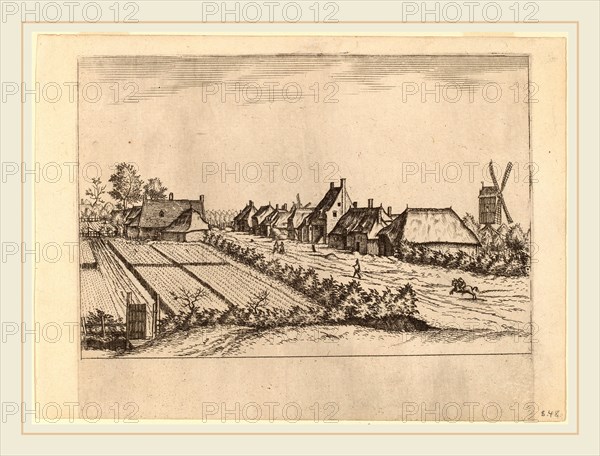 Johannes van Doetechum, the Elder and Lucas van Doetechum after Master of the Small Landscapes (Dutch, died 1605), Fields and a Village Road with Post Mill, published 1559-1561, etching retouched with engraving