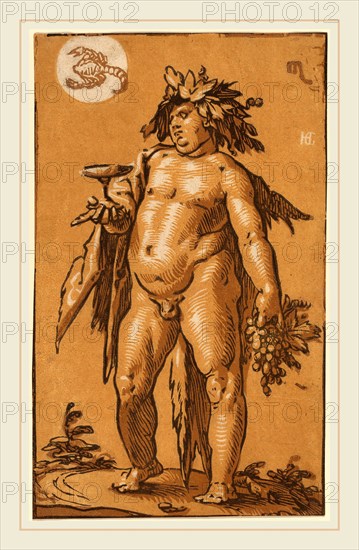 Hendrik Goltzius (Dutch, 1558-1617), Bacchus, c. 1595, chiaroscuro woodcut in gold and two shades of brown on laid paper