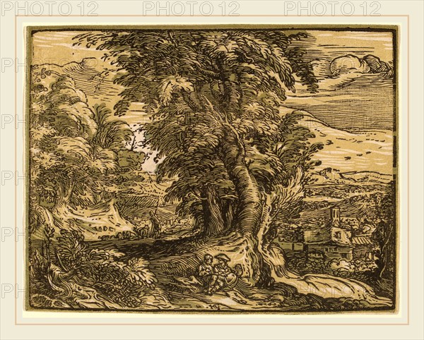 Hendrik Goltzius (Dutch, 1558-1617), Landscape with a Seated Couple, probably 1592-1595, chiaroscuro woodcut in ochre-sepia, olive and black