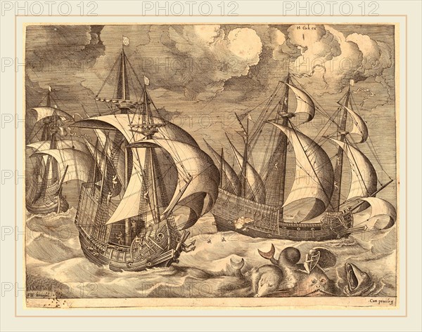 Frans Huys after Pieter Bruegel the Elder (Flemish, 1522-1562), Three Caravels in a Rising Squall with Adrion on a Dolphin, 1565, engraving