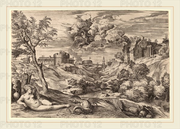 Cornelis Cort after Titian (Netherlandish, 1533-1578), Landscape with Roger Liberating Angelica, engraving