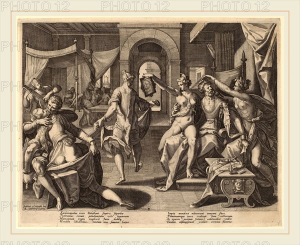 Raphael Sadeler I after Joos van Winghe (Flemish, 1560-1561-1628 or 1632), Sardanapalus among the Concubines, 1589, engraving on laid paper