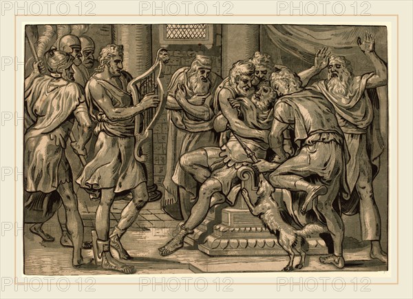 Frans Floris I (Flemish, c. 1519-1570), David Playing the Harp before Saul, 1555, chiaroscuro woodcut printed from 4 blocks: black line block and three tone blocks in shades of gray-green on laid paper