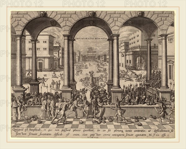 after Hans Vredeman de Vries, The Massacre under the Roman Triumvirate, engraving