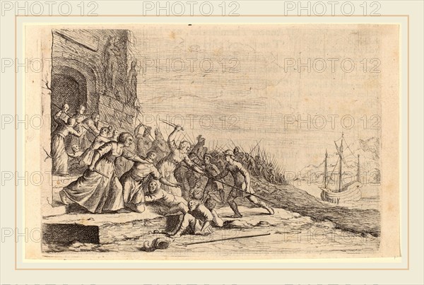 Willem Basse (Dutch, 1613 or 1614-1672), The Followers of Solon Defending the Temple of Venus, 1634, etching and engraving on laid paper