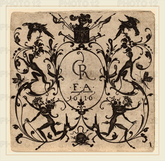 Master CR (Netherlandish, active c. 1616), Ornament with Grotesque, 1616, engraving