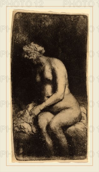 Rembrandt van Rijn (Dutch, 1606-1669), Nude Seated on a Bench with a Pillow (Woman Bathing Her Feet at a Brook), 1658, etching and engraving on vellum
