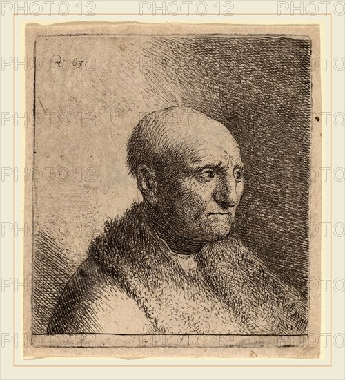 Rembrandt van Rijn and Studio of Rembrandt van Rijn, Bald Man in a Fur Cloak, c. 1630, etching