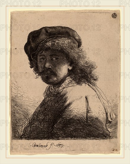 Rembrandt van Rijn (Dutch, 1606-1669), Self-Portrait in a Cap and Scarf with the Face Dark, 1633, etching