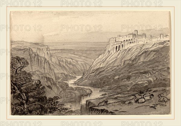 Edward Lear, Goats Resting above a River Gorge (Narni, Italy), British, 1812-1888, 1884-1885, gray wash on wove paper
