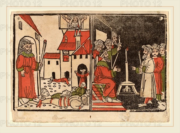 Spanish 15th Century, Massacre of the Firstborn and Egyptian Darkness, c. 1490, hand-colored woodcut