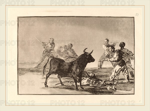 Francisco de Goya, Desjarrete de la canalla con lanzas, medias-lunas, banderillas y otras armas (The Rabble Hamstring the Bull with Lances, Sickles, Banderillas and Other Arms), Spanish, 1746-1828, in or before 1816, etching, burnished aquatint and drypoint [first edition impression]