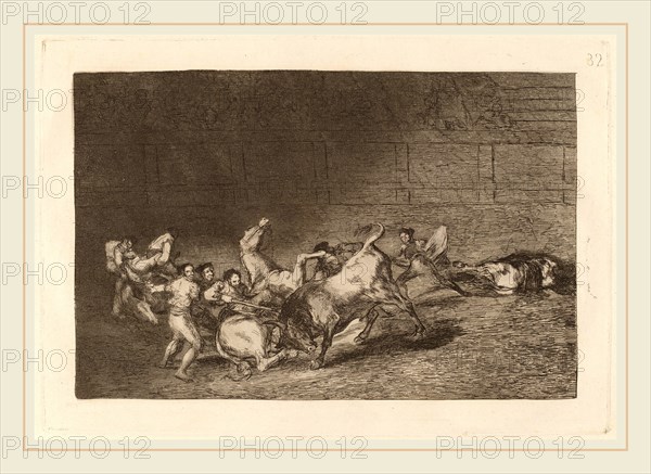 Francisco de Goya, Dos grupos de picadores arrollados  de seguida por un solo toro (Two Teams of Picadors Thrown One after the Other by a Single Bull), Spanish, 1746-1828, in or before 1816, etching, burnished aquatint, drypoint and burin [first edition impression]