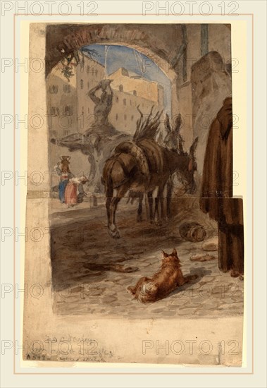 Felix Octavius Carr Darley, Bernini Fountain, Rome [recto], American, 1822-1888, gouache over graphite on two joined sheets